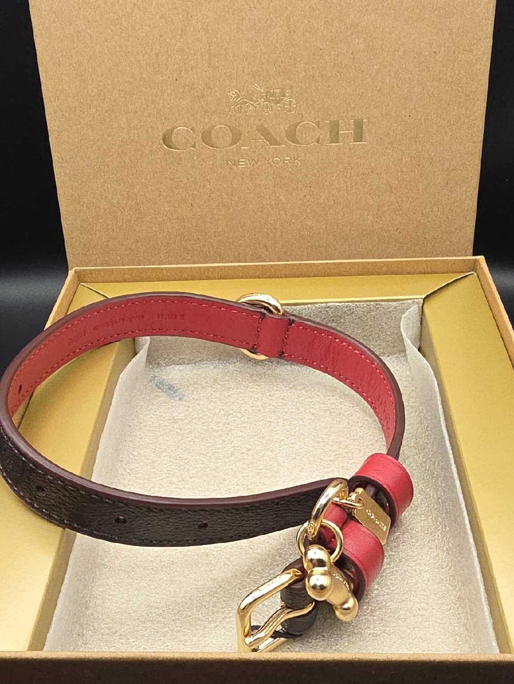 Coach Two-Tone Red and Brown Leather Dog Collar with Gold Hardware